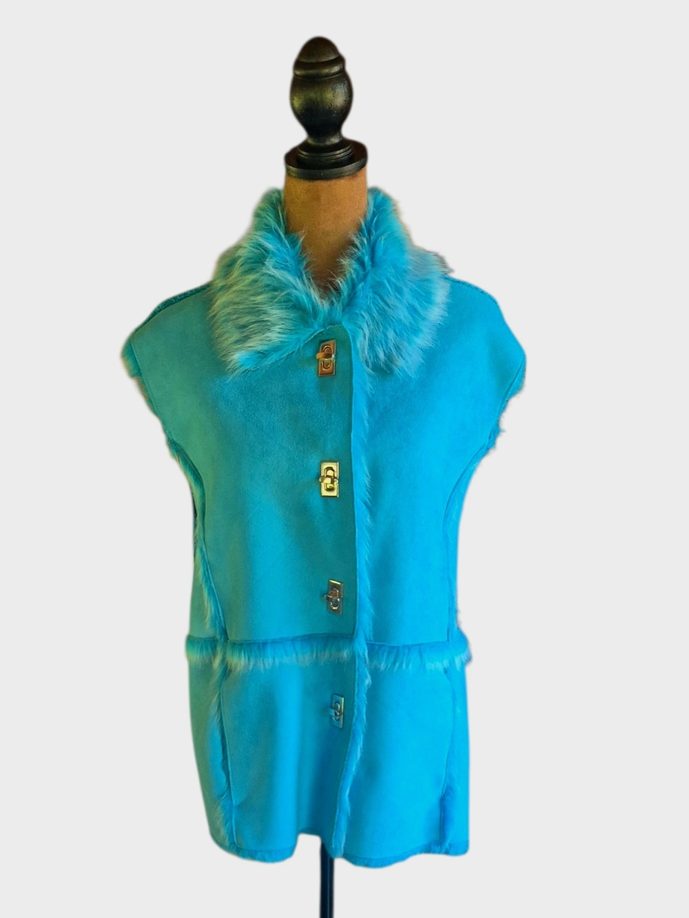 Lisa International Bright Turquoise Faux Fur Collar and trim Sleeveless Vest